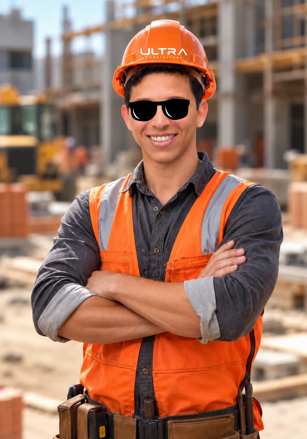 Guilherme Barbaroto, fundador da Ultra Construtora, de capacete, colete da marca e óculos escuros em um canteiro de obras