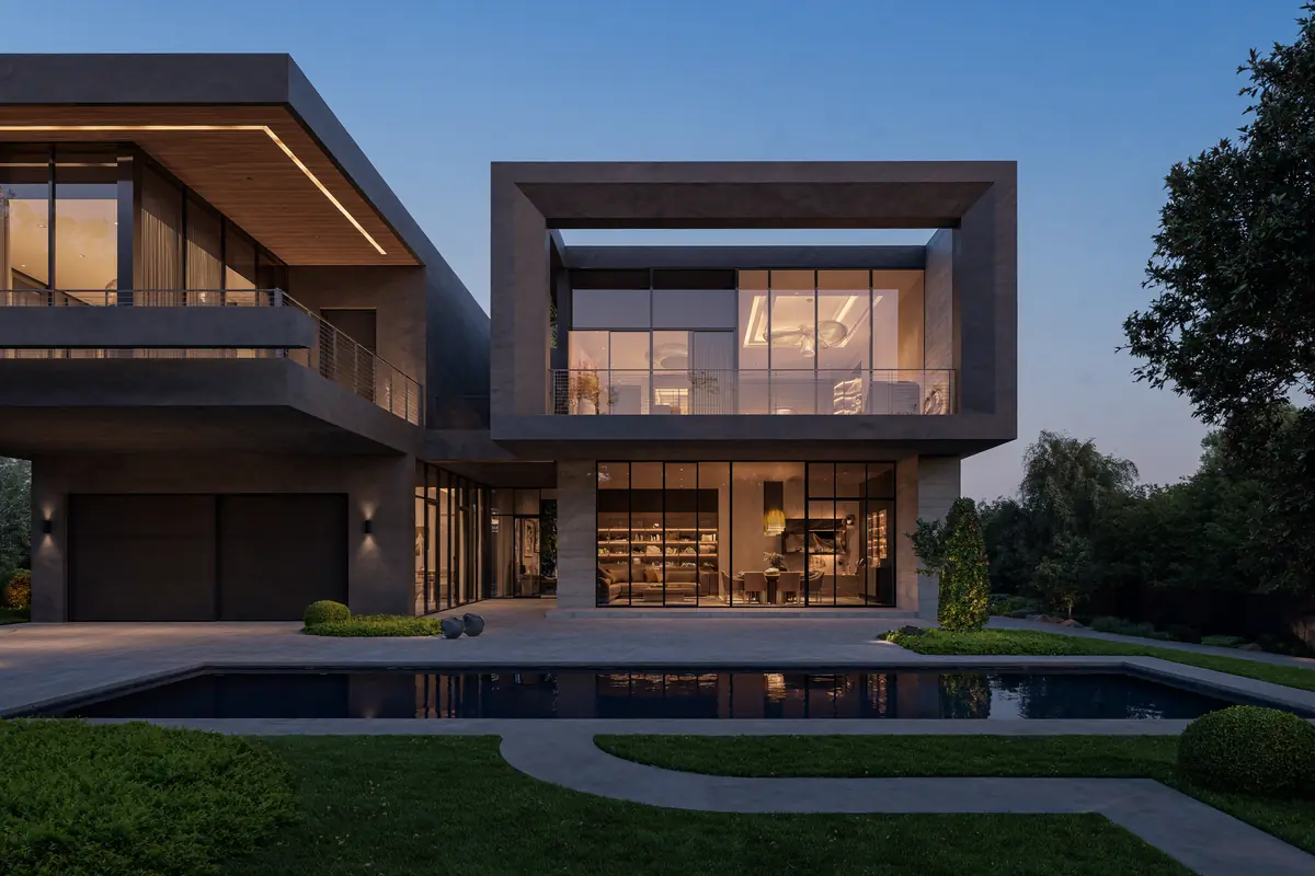 Casa de alto padrão com grandes vidros e área de piscina